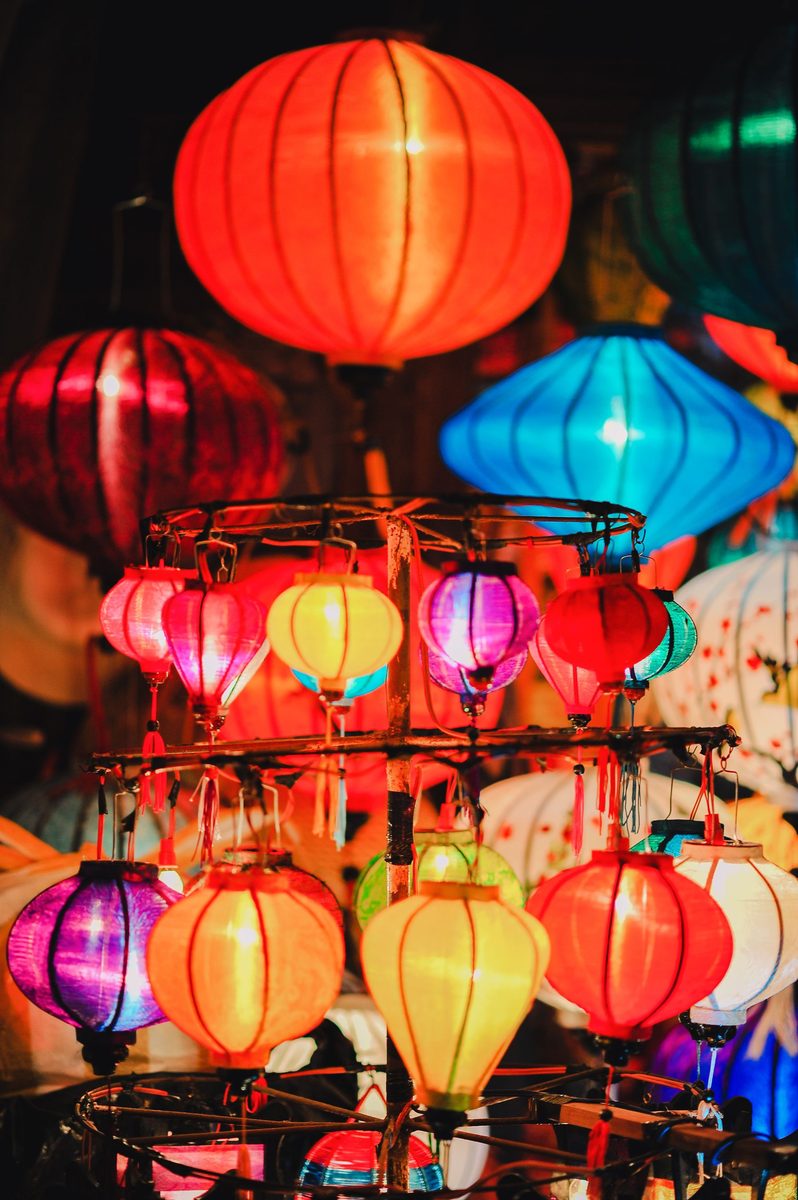 Hanging paper lanterns in many colours